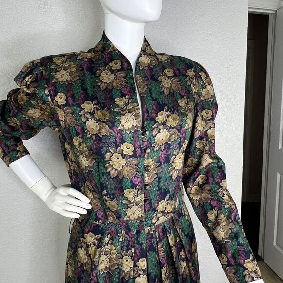 Vtg 80s Liz Claiborne Size 10 Floral Button Up Puff Sleeve Cottage Midi Dress - Picture 6 of 11